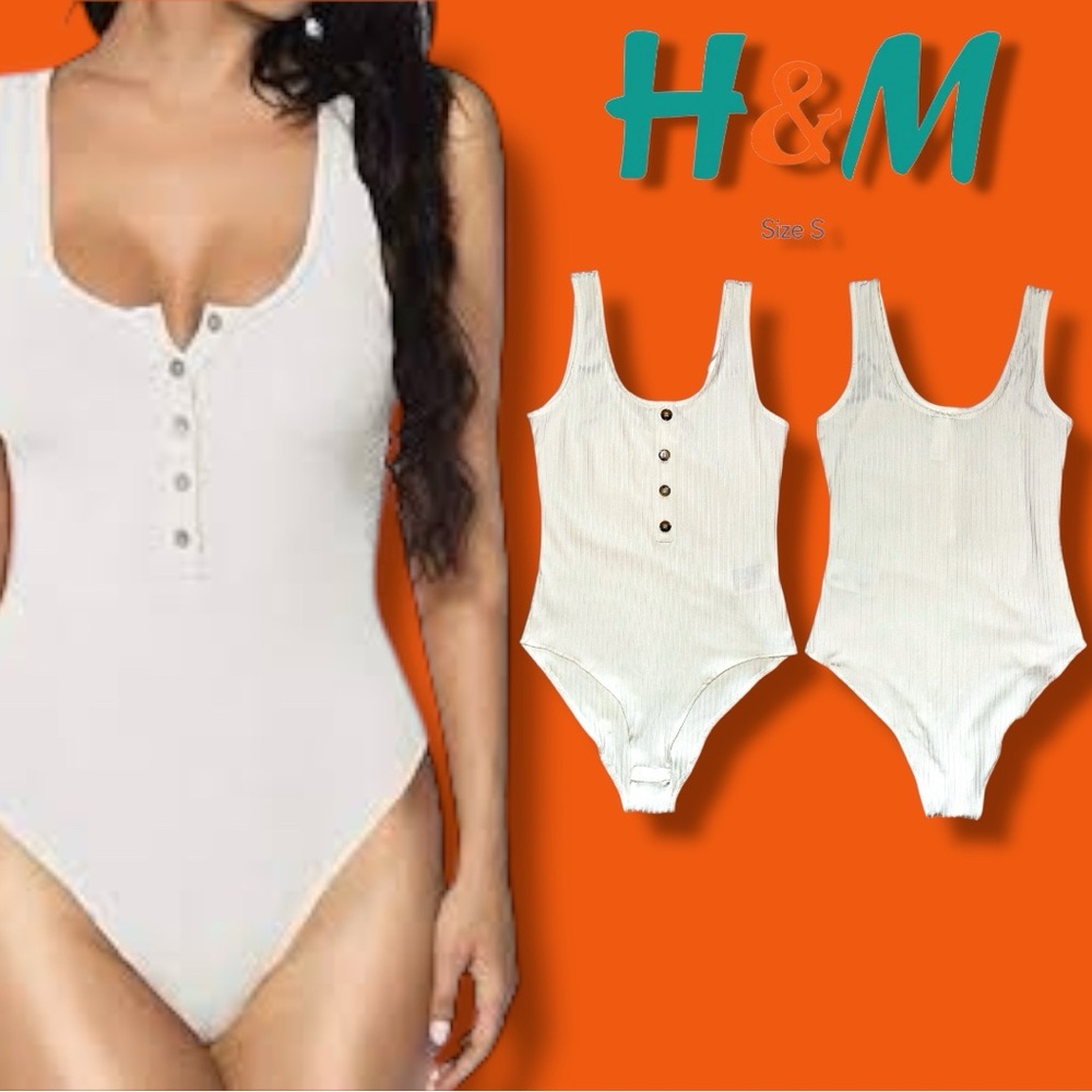 H&M Bodysuit NWOT White Ribbed Button Details Front - Size Small 🍠- Picture 6 of 16